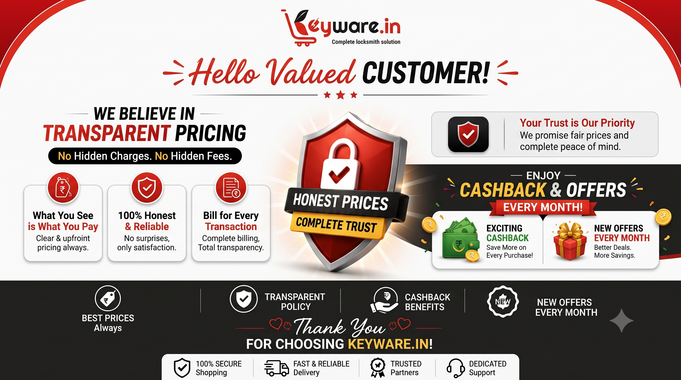 Hello valued customer. Keyware believes in transparent pricing with no hidden charges and no hidden fees: what you see is what you pay, 100% honest and reliable, and a bill for every transaction. Enjoy cashback and new offers every month.