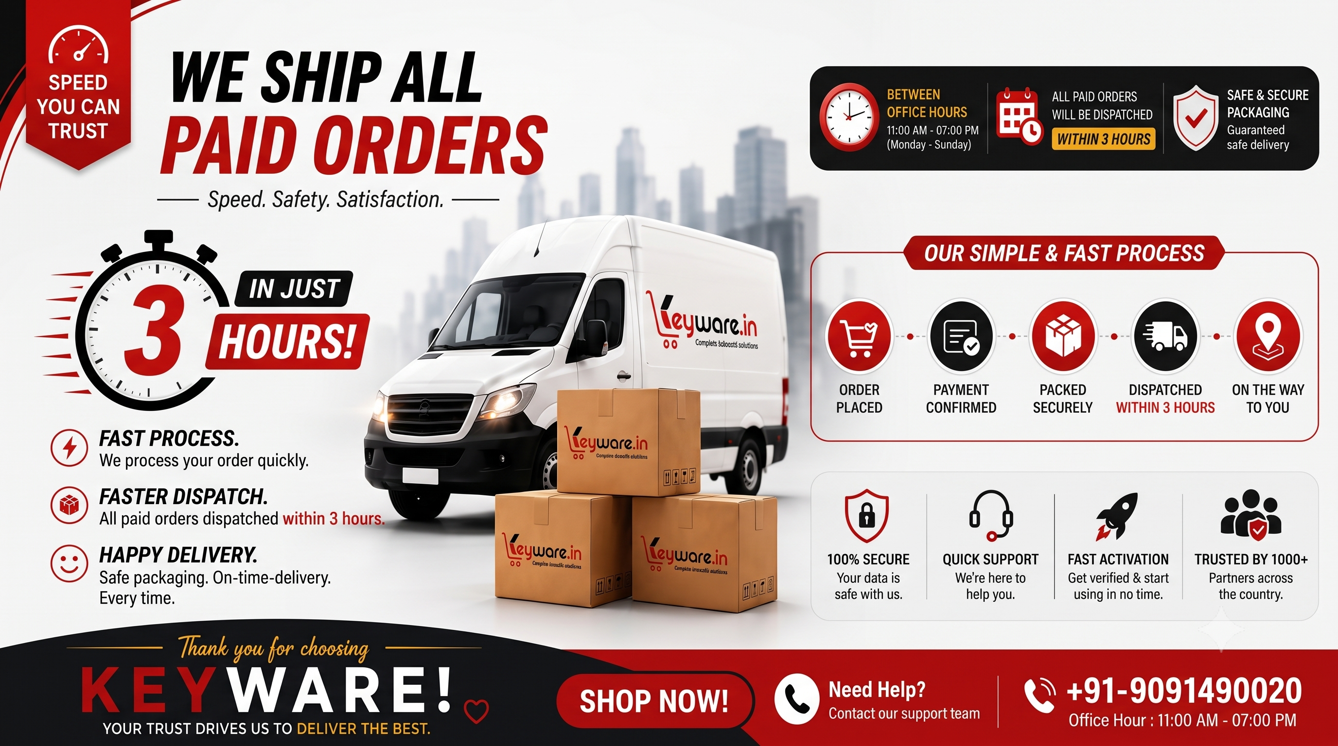 Keyware ships all paid orders in just 3 hours. Fast process, faster dispatch, happy delivery. Office hours 11:00 AM to 7:00 PM, Monday to Sunday. Need help? Call +91-9091490020.